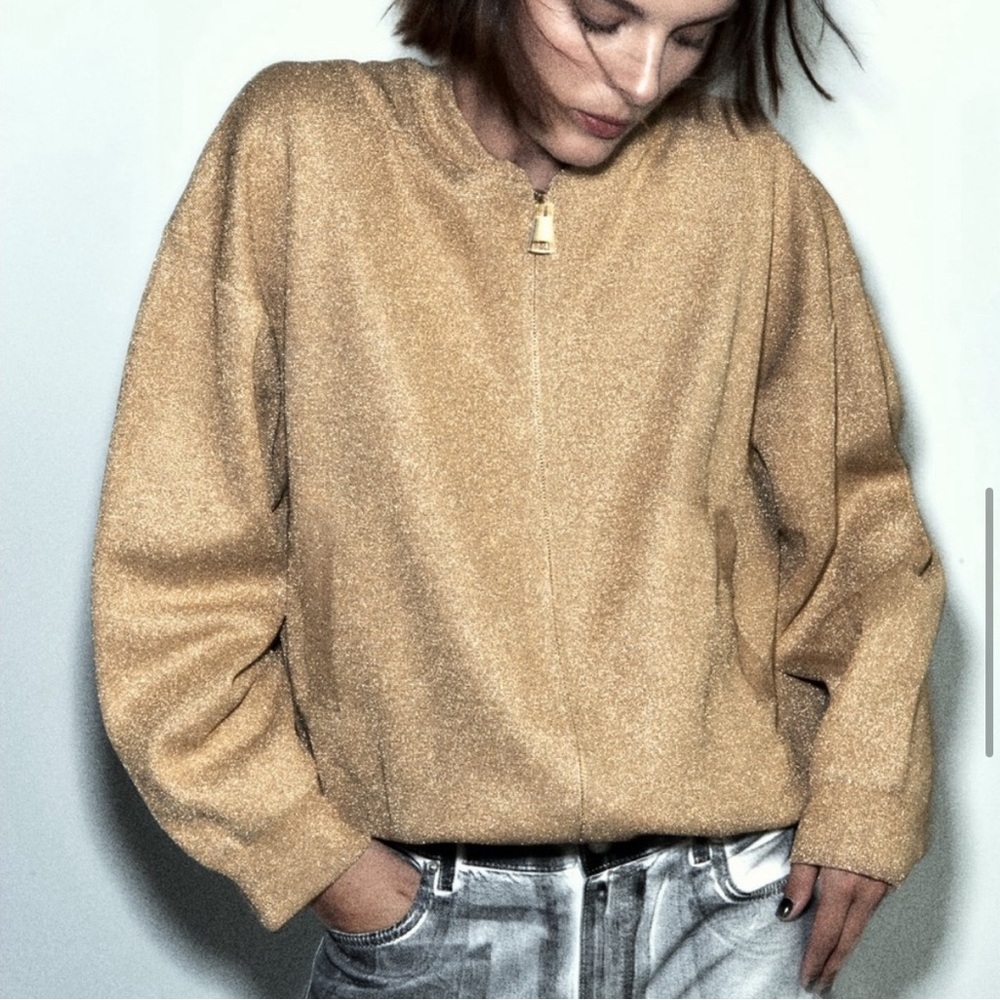 Zara Knit Bomber Cardigan with Gold Metallic Thread size Small